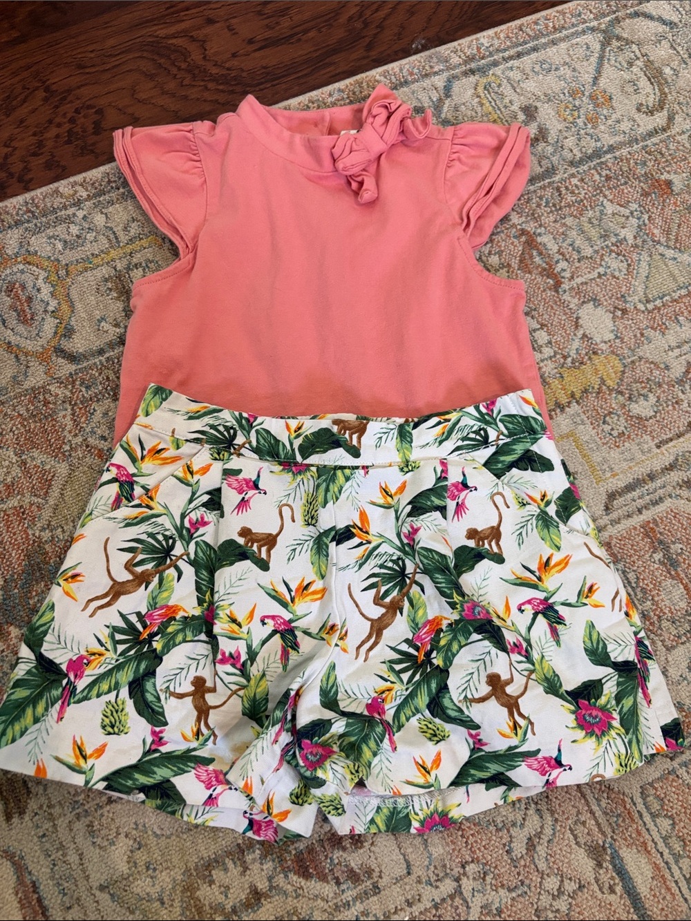 Janie and Jack Pink Ruffle Sleeve Top with Tropical Monkey Print Shorts - Picture 1 of 5